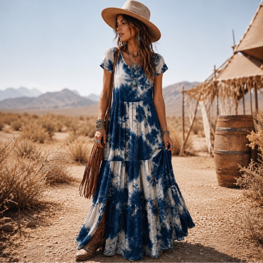 Boho Western Festival Tie Dye Tiered Swing Dress Blue White Soft Stretch Maxi S